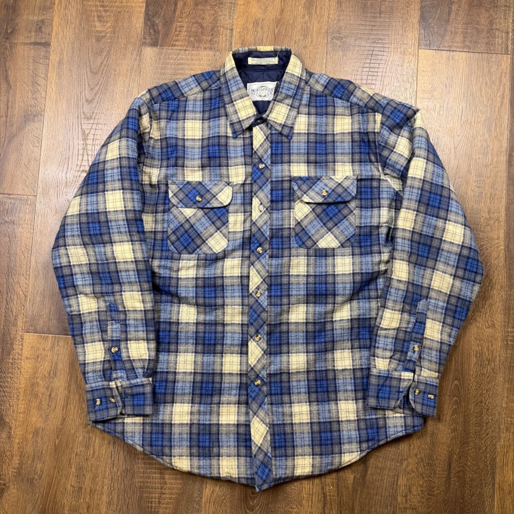 Vintage 80s Northwest Territory Flannel Shirt Jacket Mens XL Blue Plaid Quilted